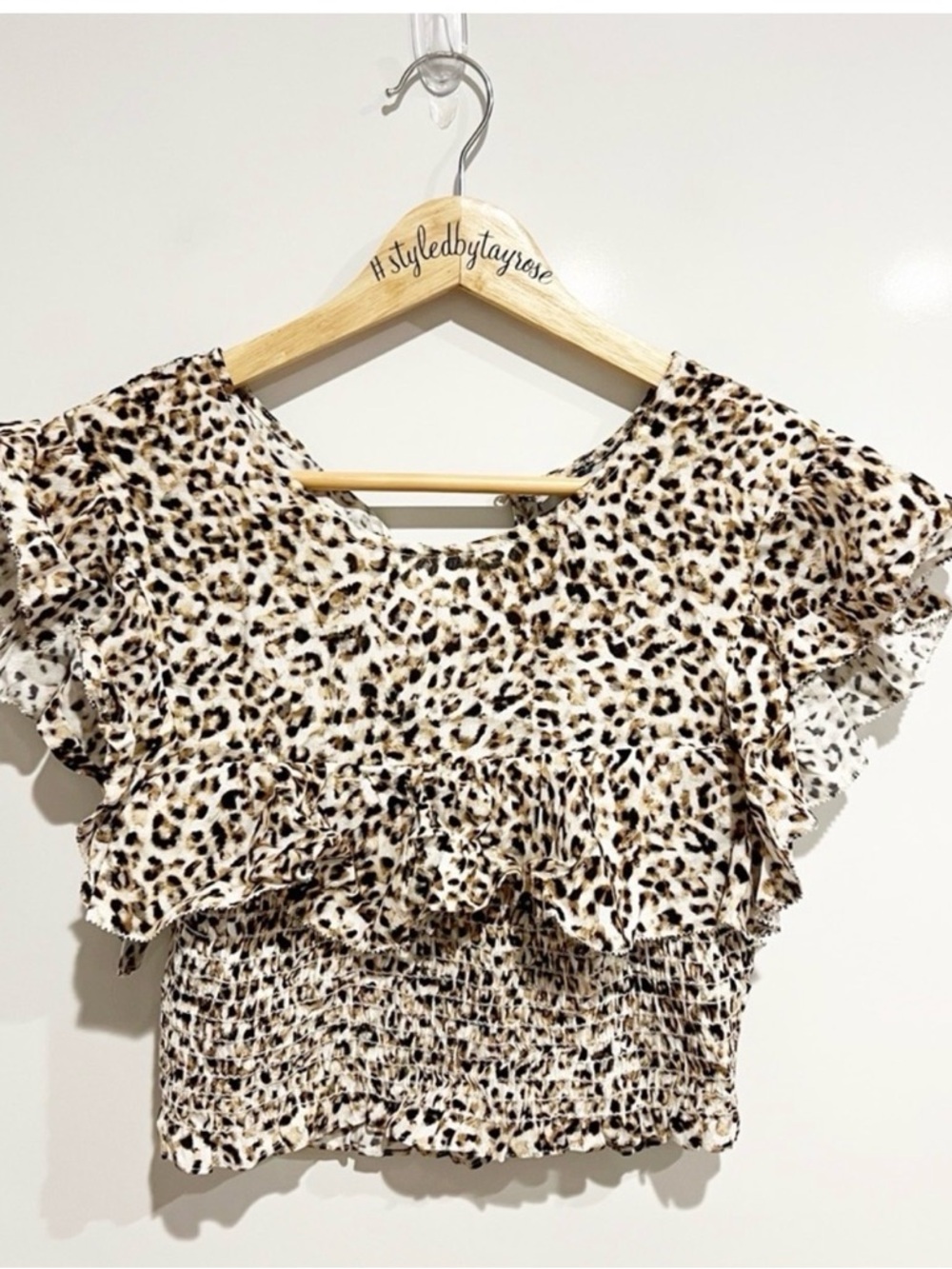 Planet Blue Leopard Ruffle Crop Top in Beige and Brown